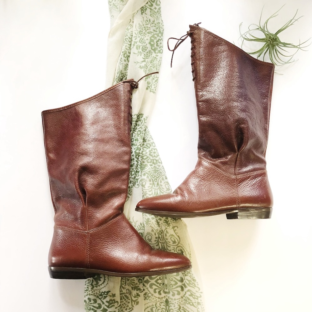 Vtg Nine West Brown Pebbled Leather Slouch Boots Low Heel Made Brazil Size 6